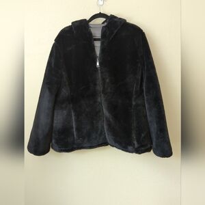 Andrew Marc Faux Fur Quilted Puffer Reversible Jacket Sz 3XL Black Gray Hood Zip